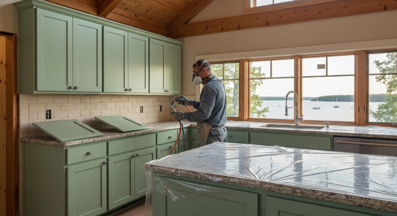 Maple cottage cabinets being sprayed soft sage green in a Callander Bay kitchen with vaulted wood ceiling and bay view