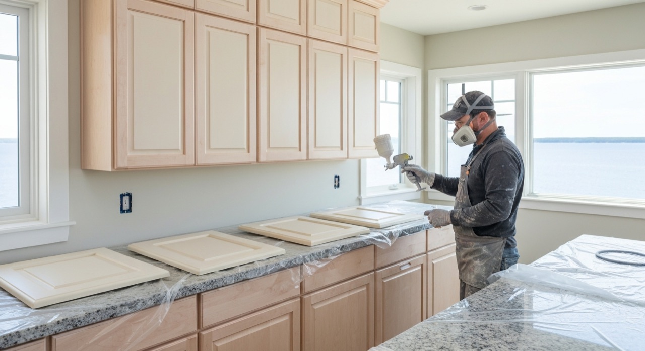Freshly painted maple kitchen cabinets in a North Bay home with Renner 2K topcoat