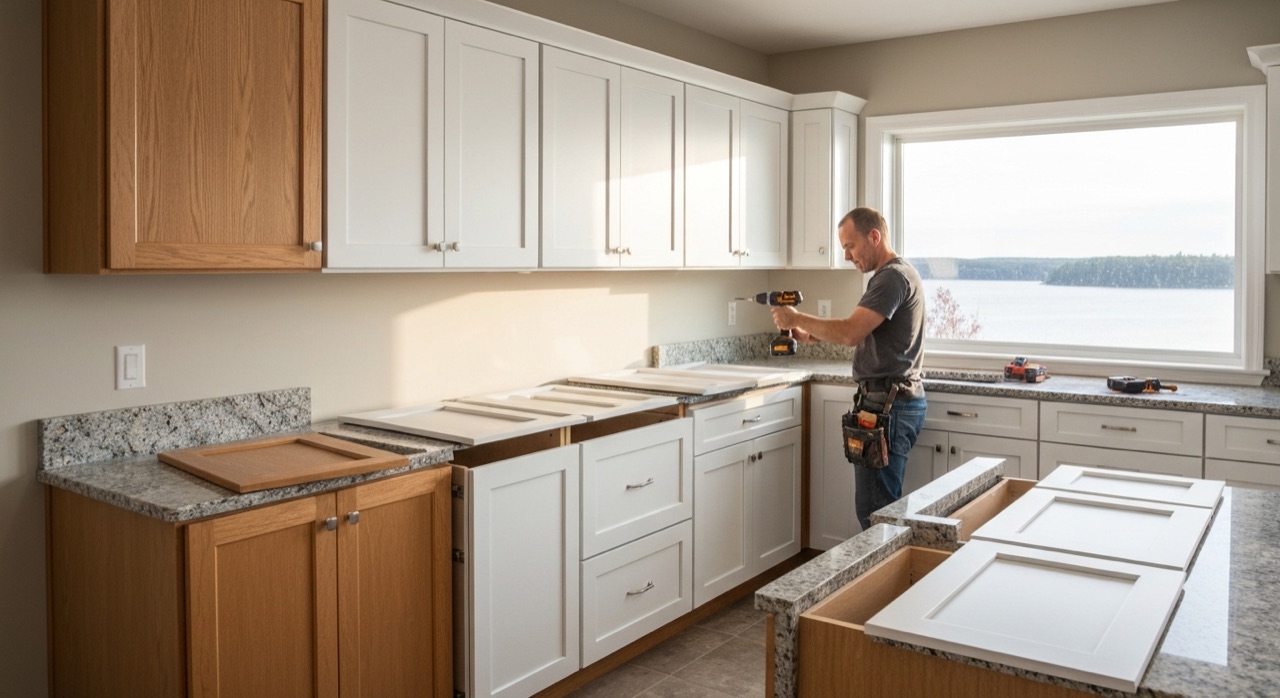 Shaker-style white cabinet doors being installed onto existing boxes in a North Bay kitchen with Lake Nipissing visible