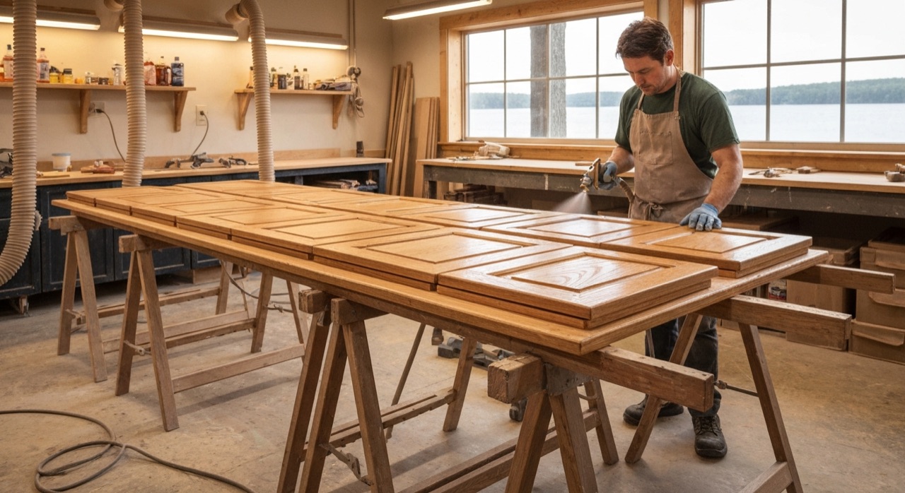 Oak cabinet doors on sawhorses in our North Bay workshop with Lake Nipissing visible through the window, sprayed with Renner clear conversion varnish