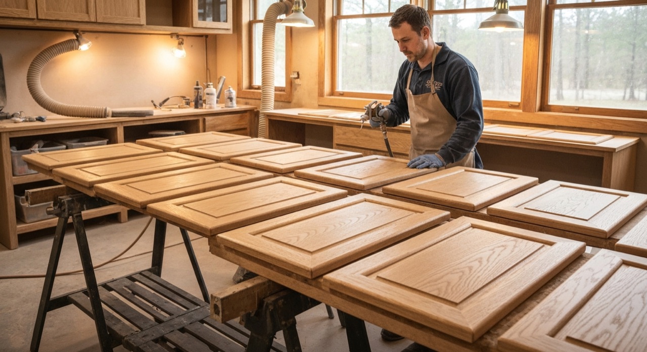 Refinished oak cabinets in a Powassan kitchen along the Highway 11 corridor, sprayed with Renner clear coat at our North Bay shop