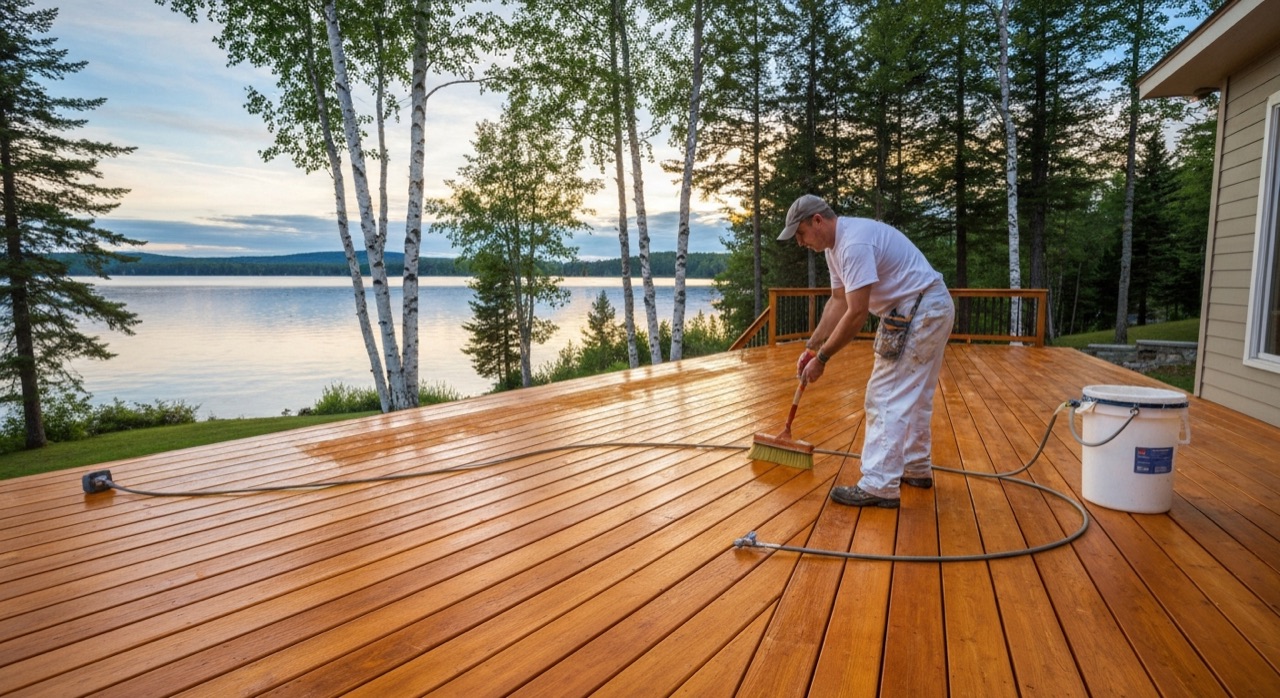 Honey-amber stain being applied to a cedar deck on a Lake Nipissing North Bay home at sunset