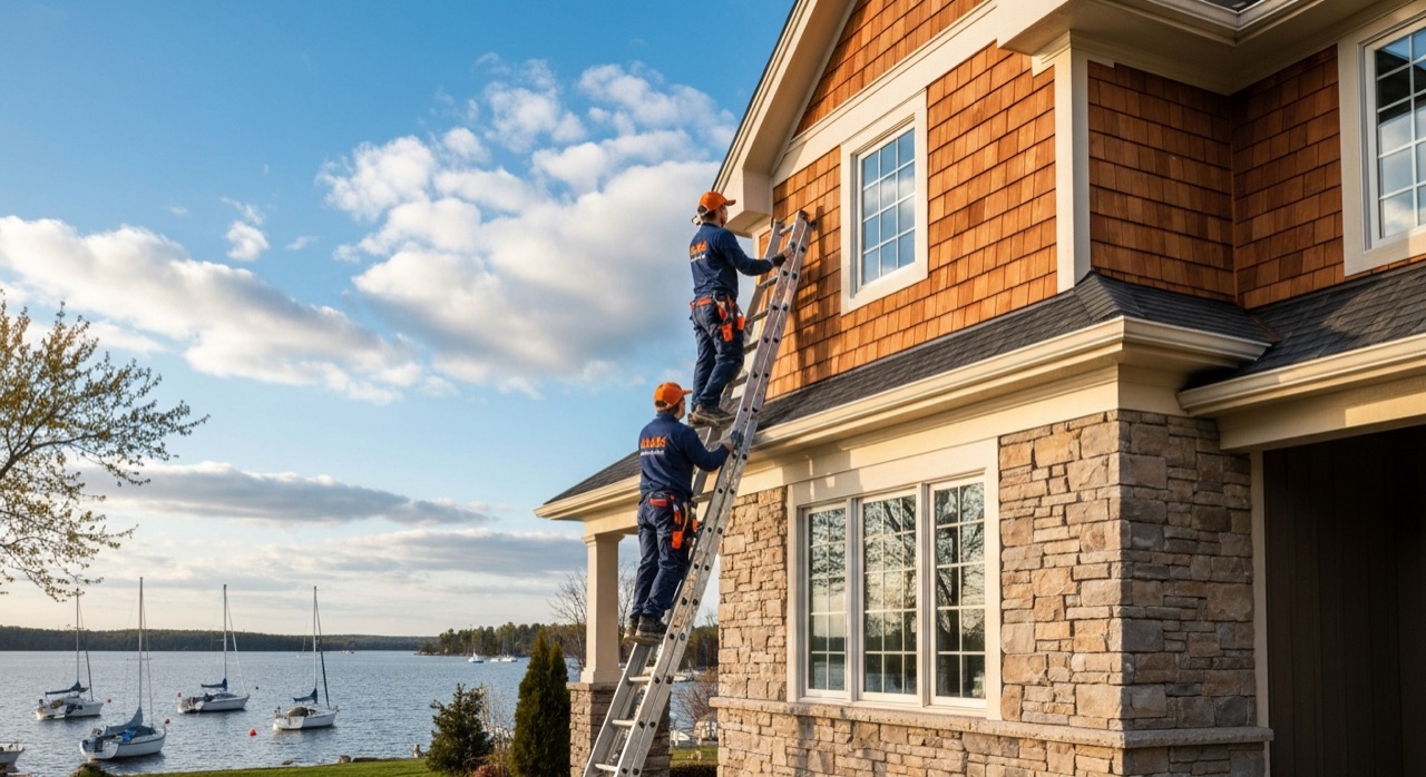 Exterior house painting on a Lakeshore Drive home in North Bay, Ontario