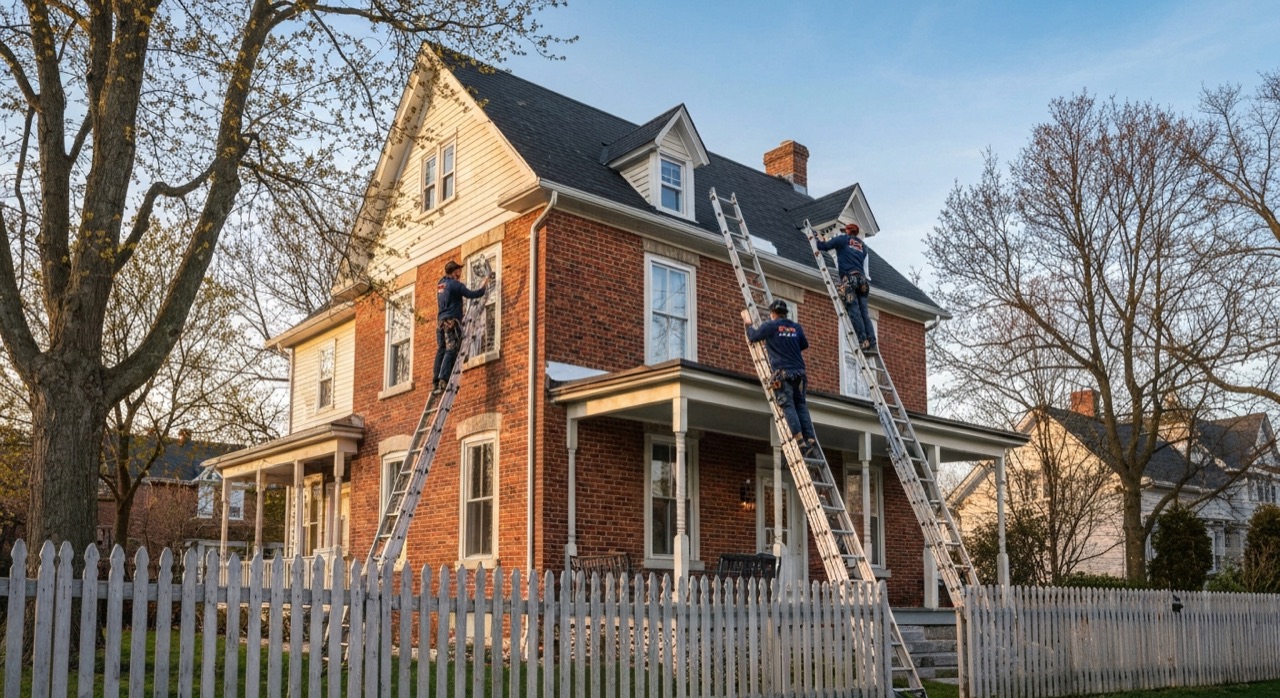 Two painters on ladders painting a century-old French-Canadian heritage home with brick-and-clapboard siding in Sturgeon Falls, Ontario