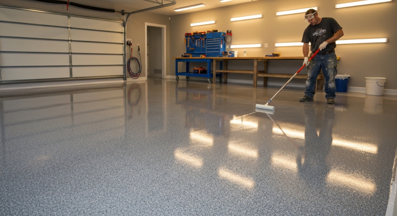 Glossy reflective epoxy garage floor with grey-and-tan flake finish in a North Bay residential garage