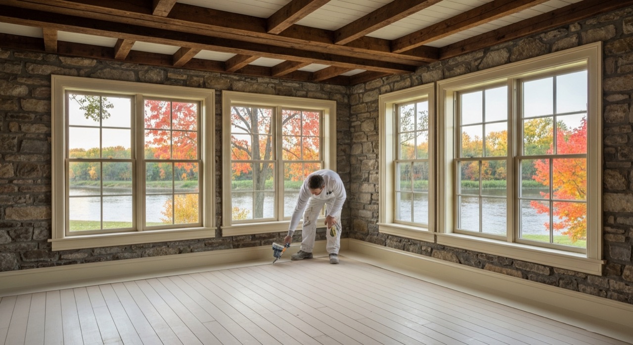 North Bay Painting Services painter cutting in cream paint on original wide-plank floors inside a heritage stone-and-clapboard farmhouse in Mattawa Ontario with the Mattawa-Ottawa River confluence visible through tall windows in autumn