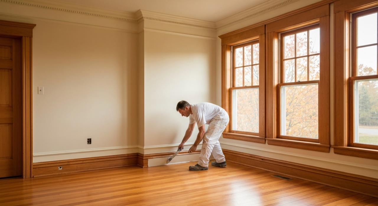 Bilingual North Bay Painting Services crew cutting in cream paint along original wood trim in a French-Canadian heritage home interior in Sturgeon Falls Ontario
