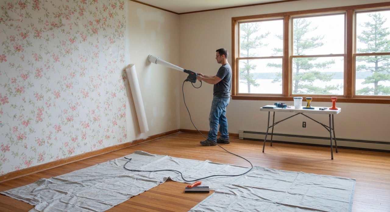 Painter using an electric wallpaper steamer on dated 1980s floral wallpaper in a North Bay bedroom with Lake Nipissing visible through the window