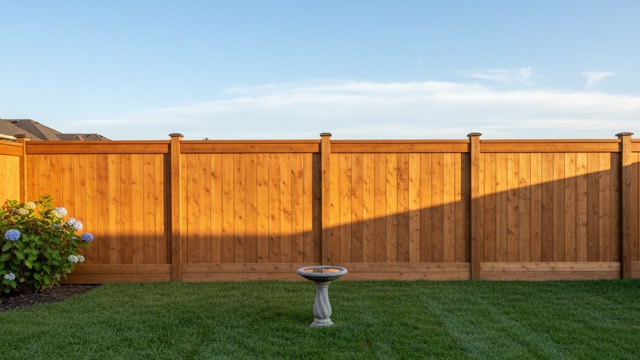 Cedar privacy fence freshly stained warm brown