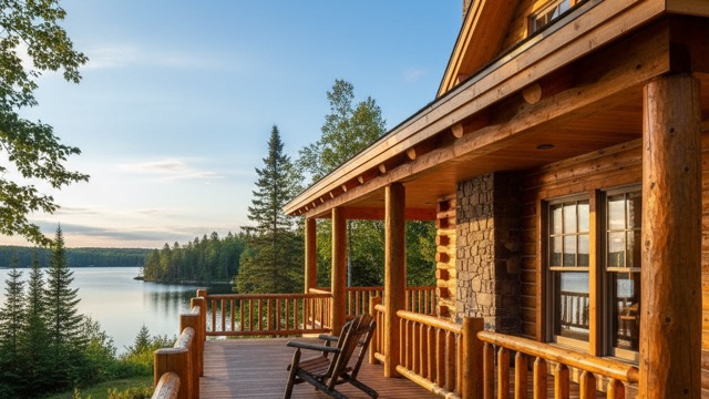 Canadian log home freshly stained honey-amber by a lake