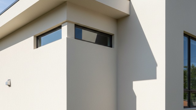 Freshly painted exterior stucco wall in soft cream