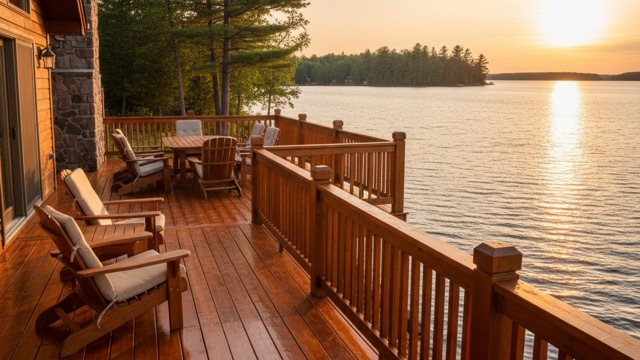 Lakefront cottage deck on Lake Nipissing freshly stained in solid grey