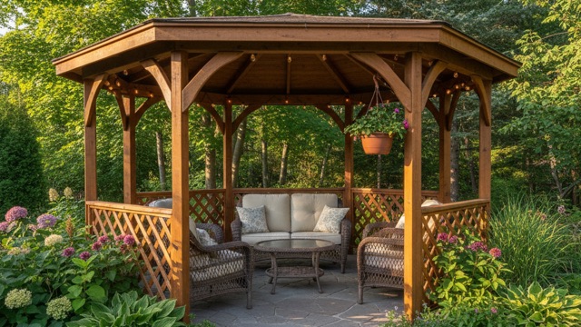 Cedar gazebo and pergola refreshed with Arborcoat semi-transparent stain