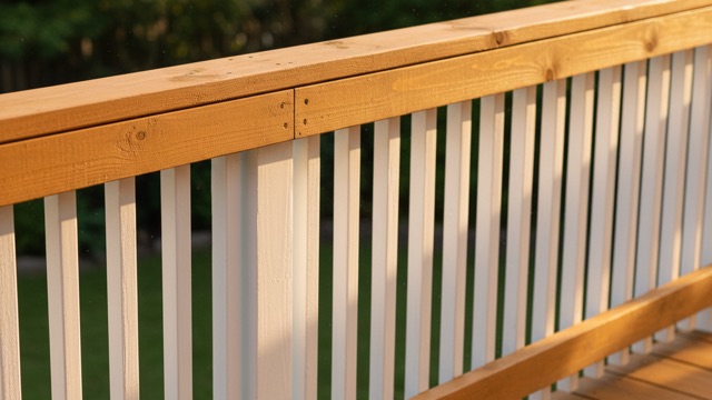 Cedar railing and stair set refinished in semi-transparent stain