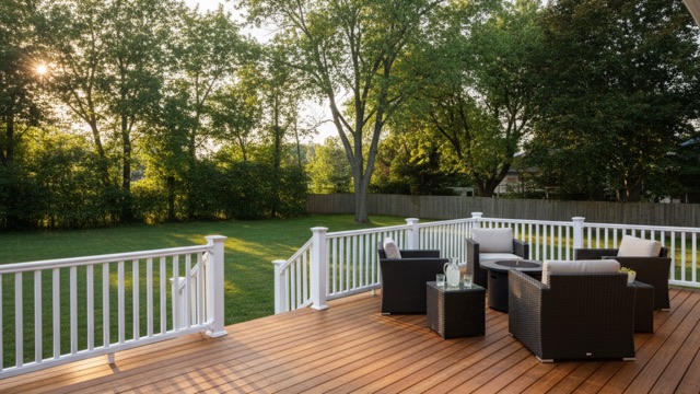 Residential deck stained in semi-transparent honey tone in a North Bay neighborhood