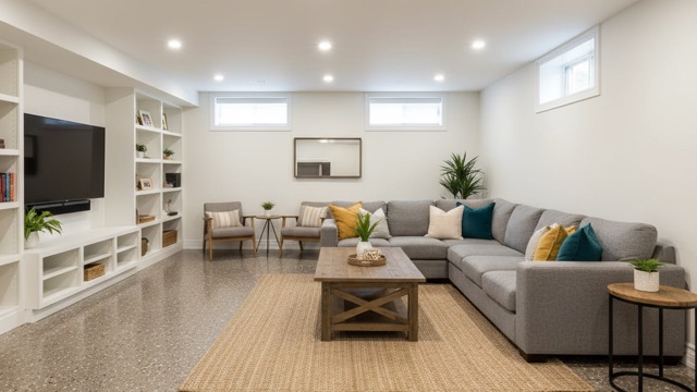 Finished basement with sealed concrete floor in a 1980s Pinewood ranch home