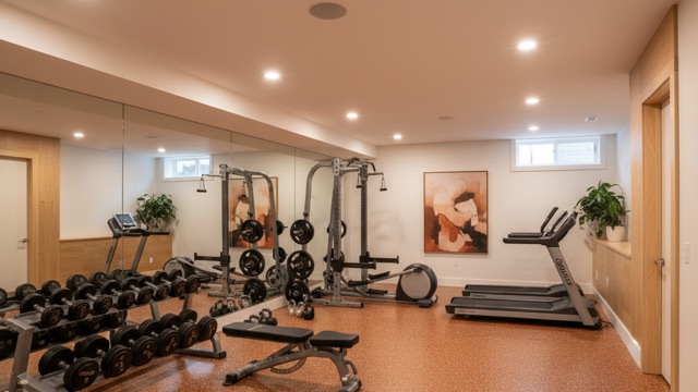 Basement fitness room with decorative flake epoxy floor in a North Bay home