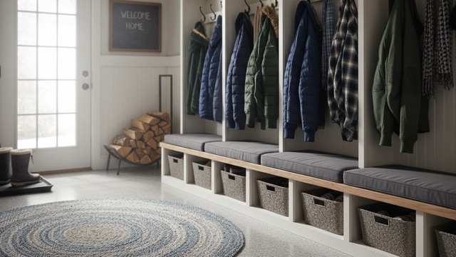 Mudroom with sealed concrete floor in a North Bay home off the garage