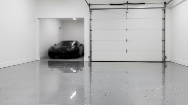Residential garage with grey decorative-flake epoxy floor in a North Bay home