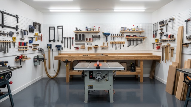 Detached workshop with solid color epoxy floor near Trout Lake