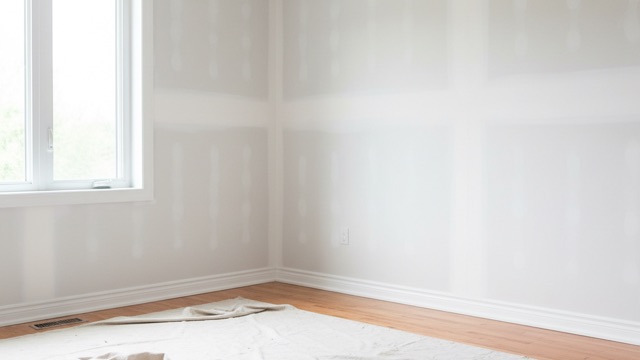 Bedroom mid-renovation with freshly skimmed and primed walls